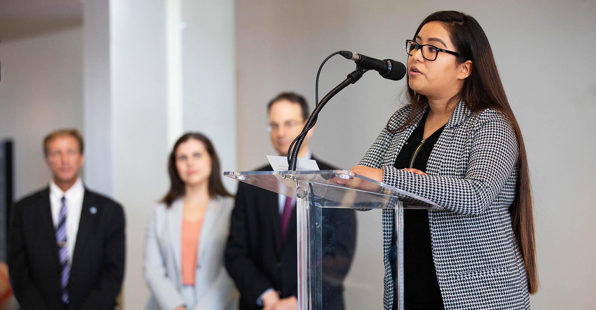 Estéfani Peña Figueroa speaks at rally on the Auraria Campus to show support for DACA students and employees on Nov. 12, 2019.