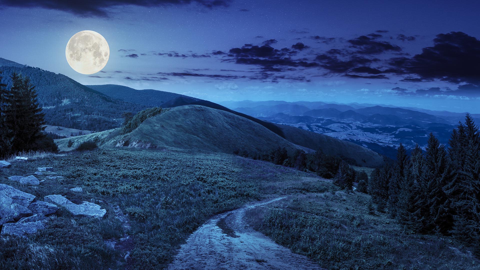 Full moon, mountains at nighttime