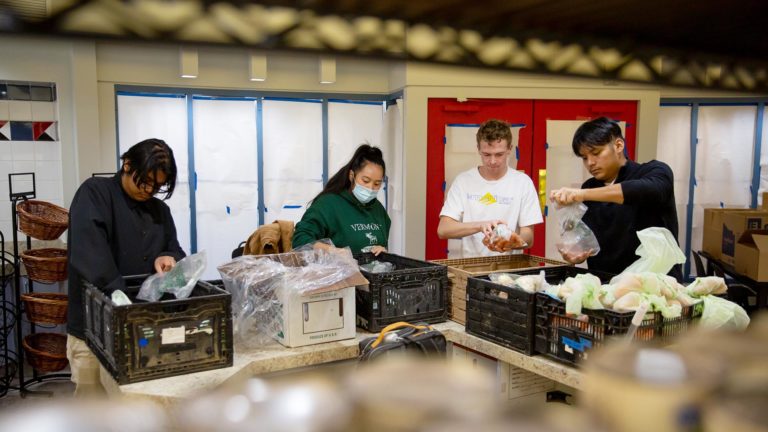 Food pantry staff and volunteers pack harvest boxes