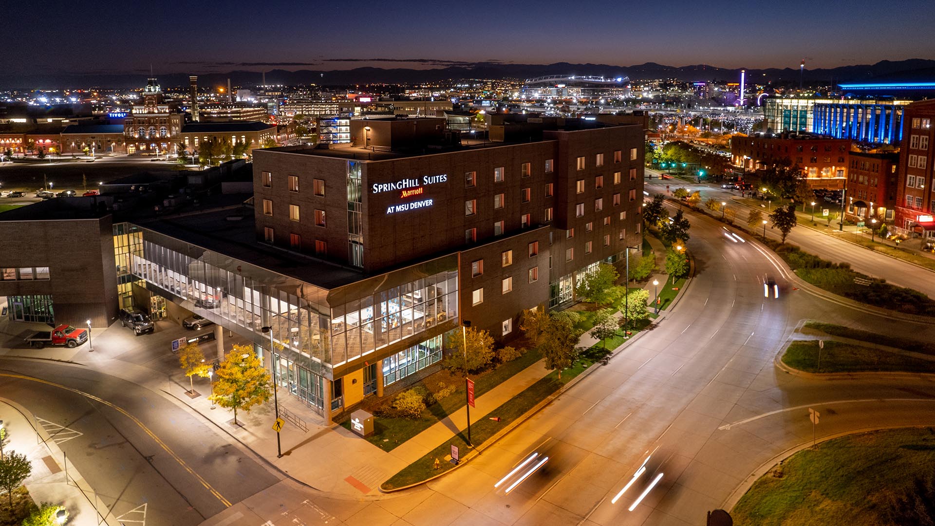Night time shot of SpringHill Suites Marriott hotel at MSU Denver