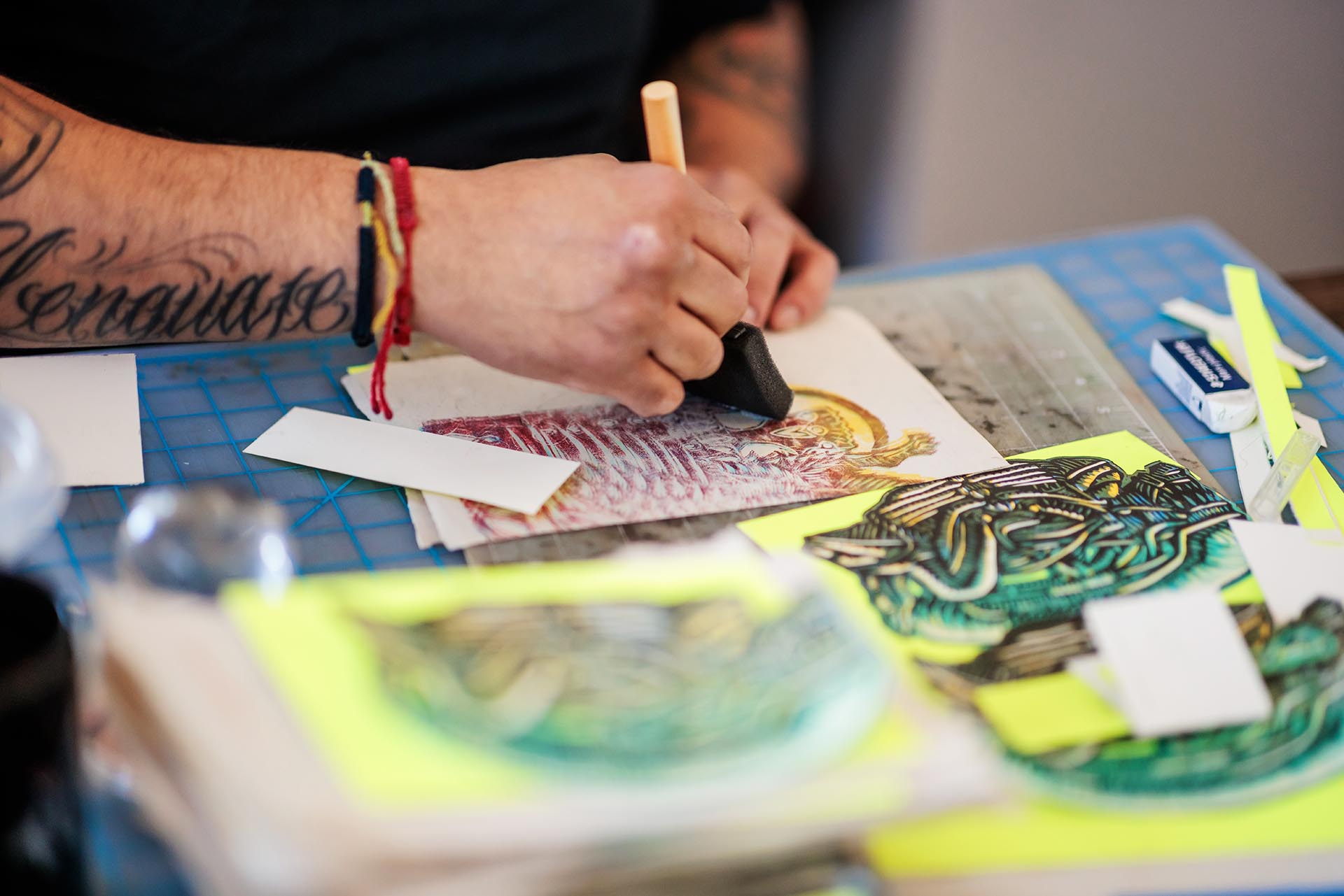Printmaker Javier Flores works at his home studio.