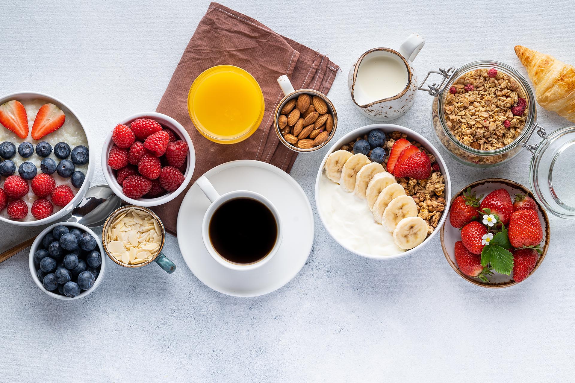 Healthy breakfast set on grey background