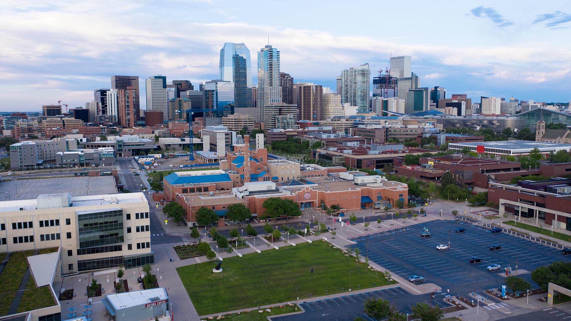 An aerial view of the Auraria Campus and downtown Denver