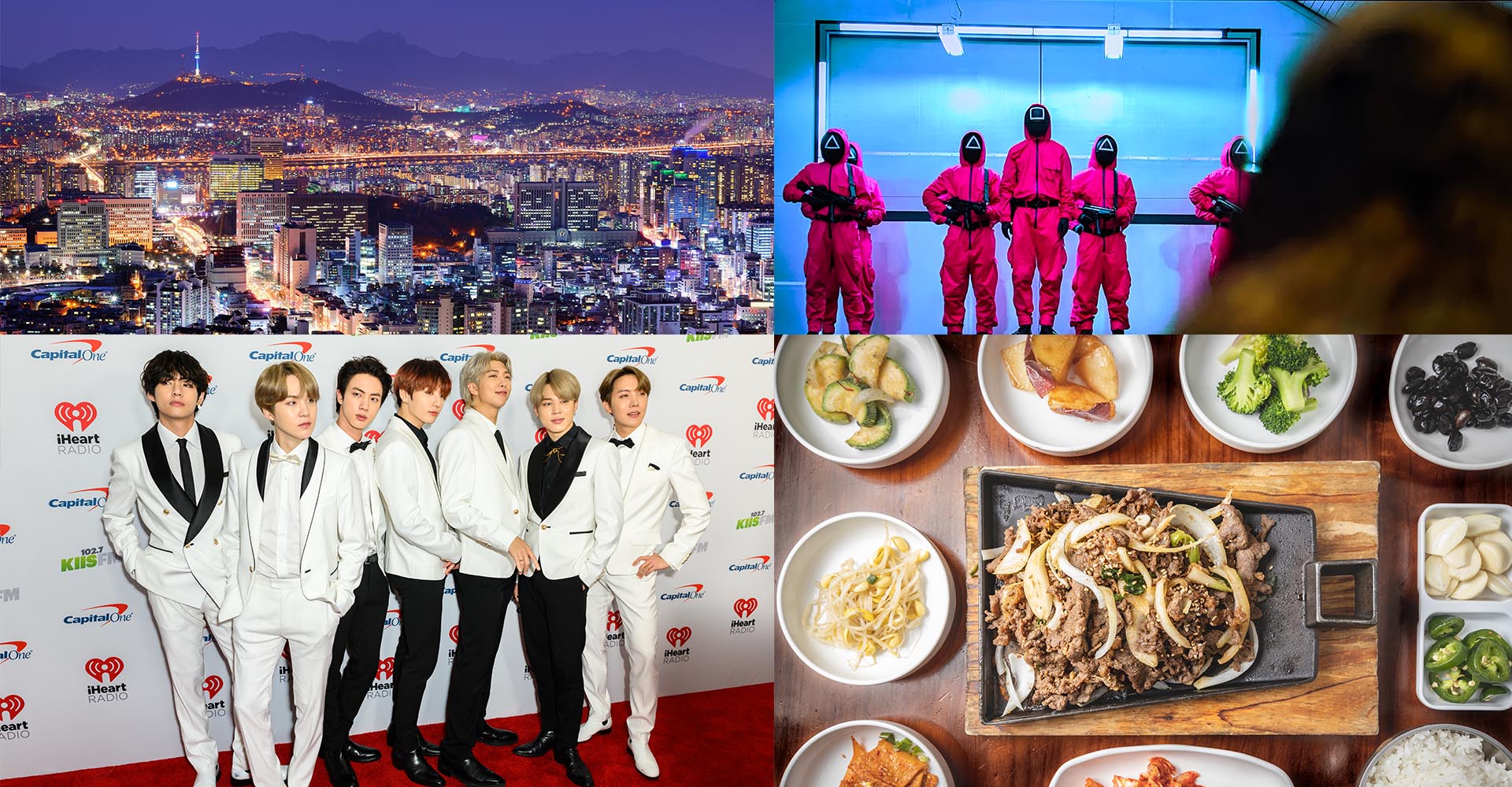 Collage of Korean food, Seoul, K-Pop, Squid Games