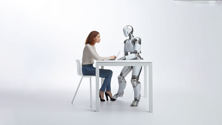 Illustration of AI robot with student studying