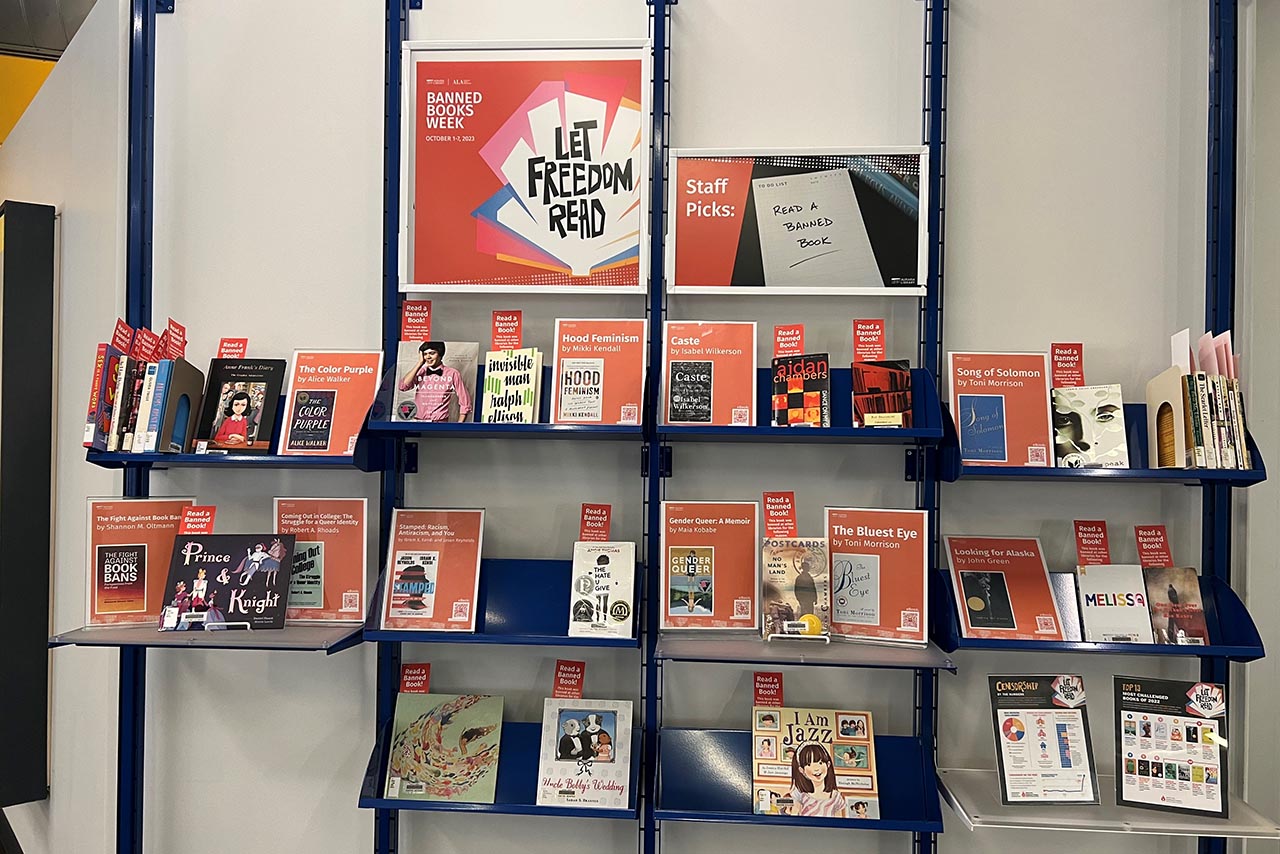 Banned books display at the Auraria Library