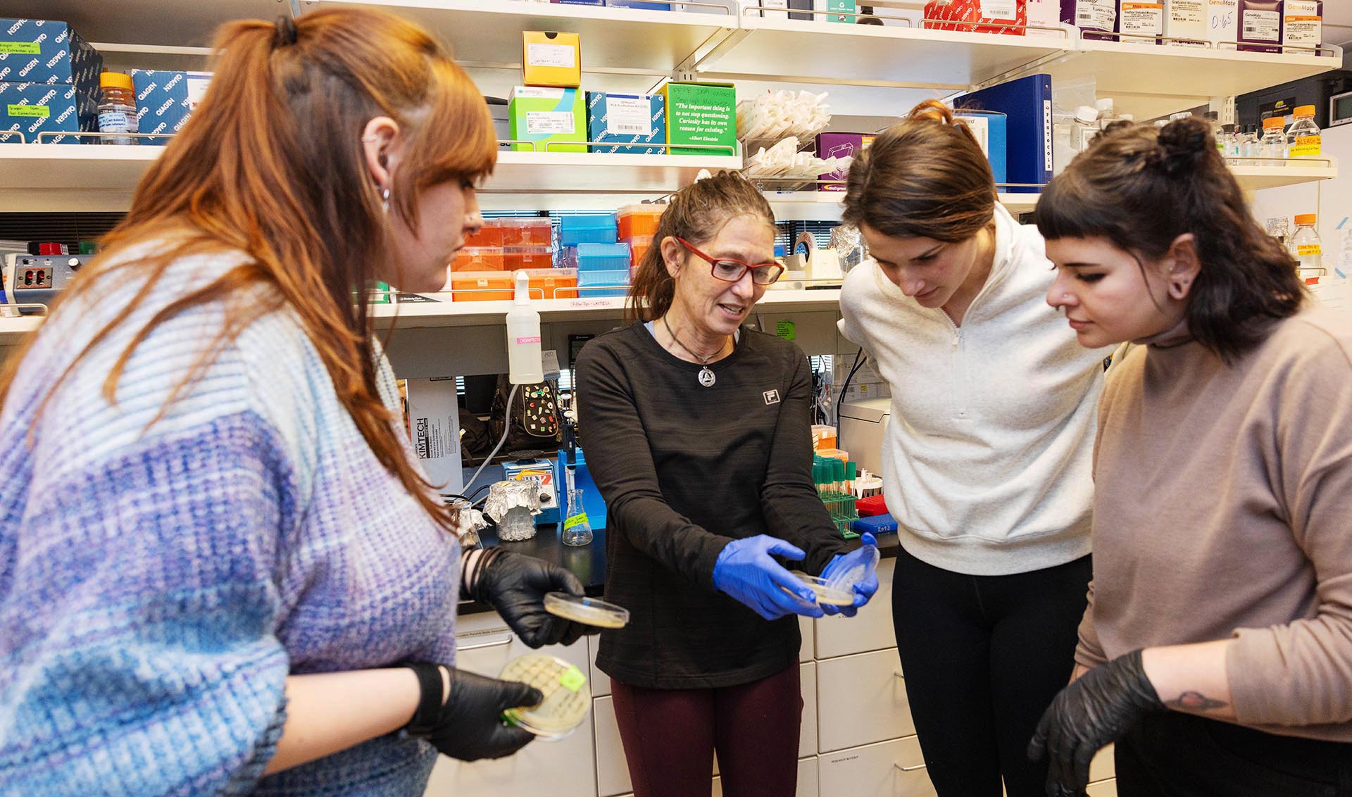 From left to right Brianna Winkler, Dr. Maria Cattel, Brooke Paslay and Meg Green talk in the lab.