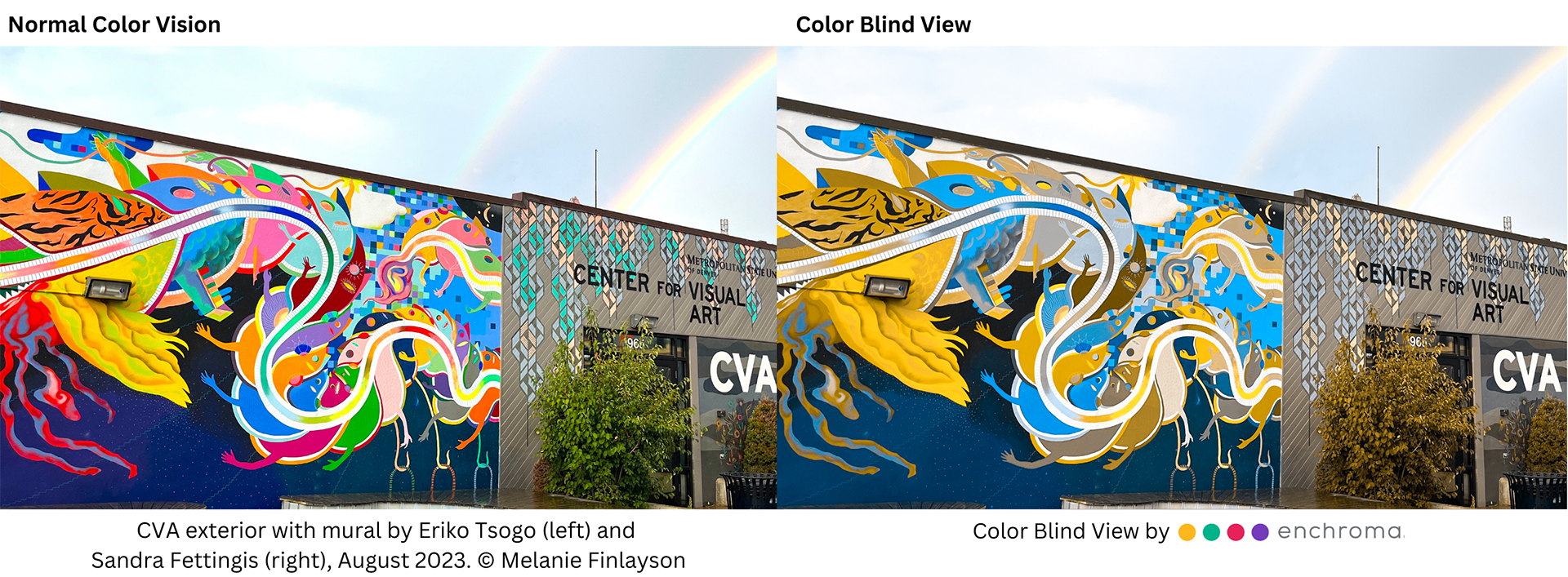A normal color vision and color blind view of the CVA exterior with mural