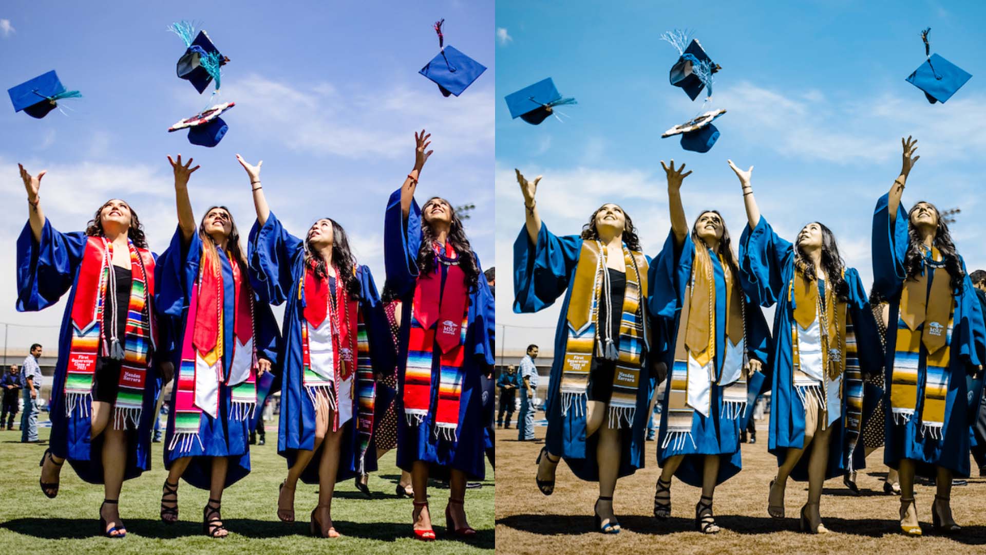 A normal color vision and color blind view of graduates tossing caps