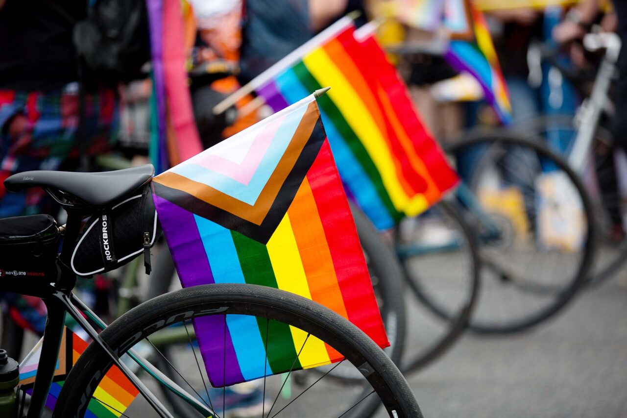 Rainbow flags decorate the backs of bycicles for the Denver Pride Parade.