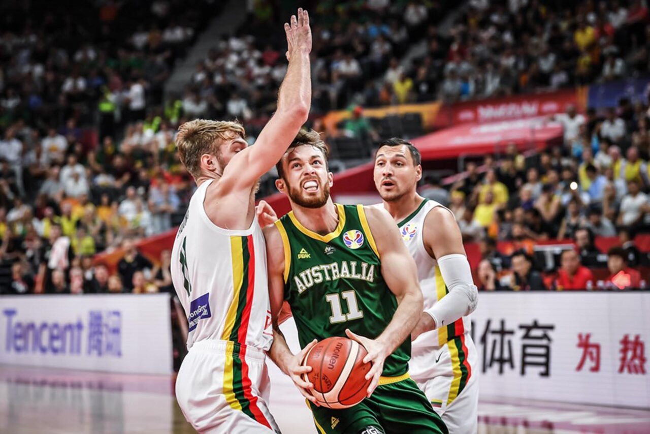 Nick Kay drives to the rim in a 2019 FIBA Basketball World Cup game against Lithuania