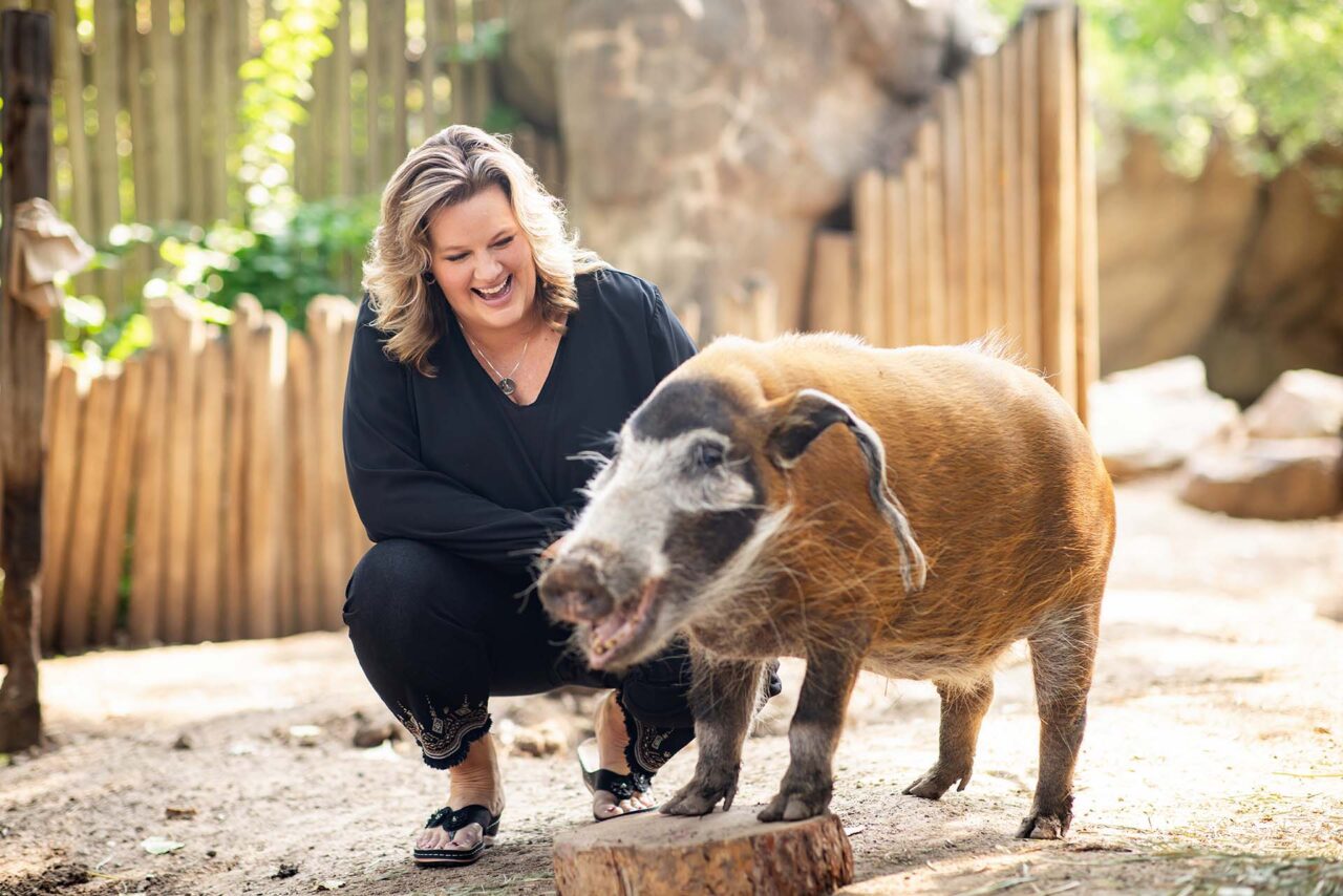 MSU Denver alumna Leslie Chenaille pets Garnet the red river hog