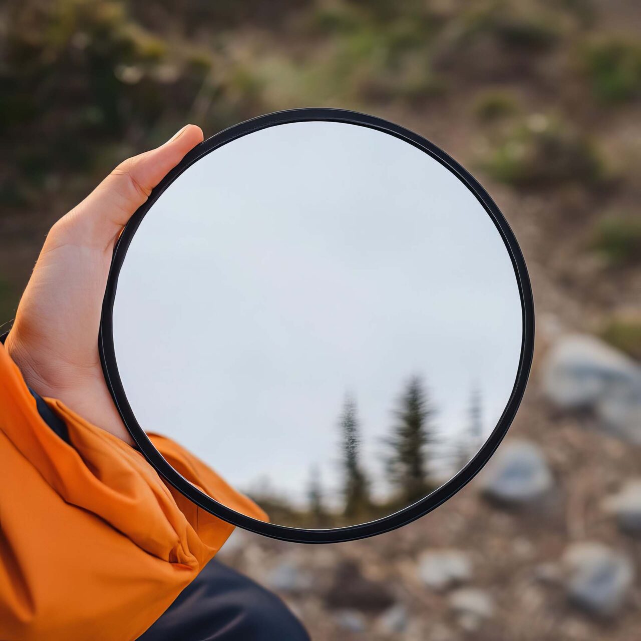 Camper using a reflective signal mirror to communicate with distant rescue, camping survival, reflective signaling