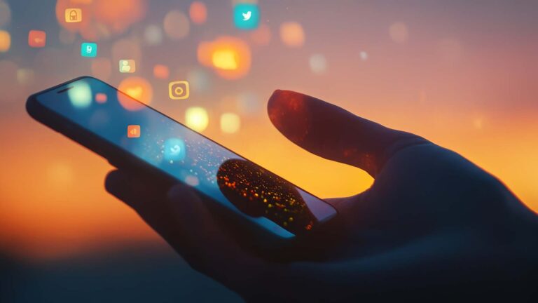 Hand using a smartphone with illuminated social media icons floating above the screen, against a vibrant sunset backdrop, symbolizing the pervasive nature of online connectivity in modern life