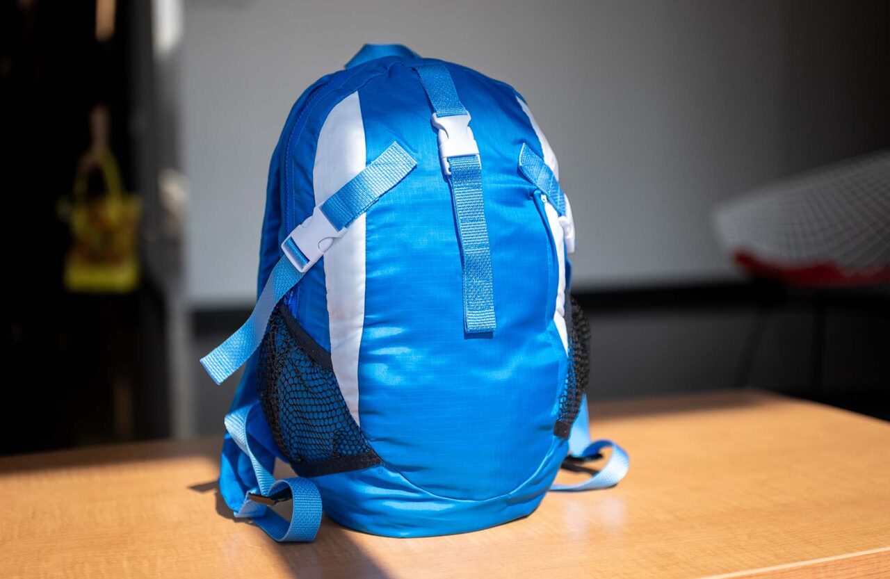 Blue backpack on table