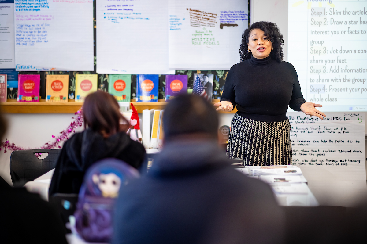 Janet Damon teaches a class at DELTA High School