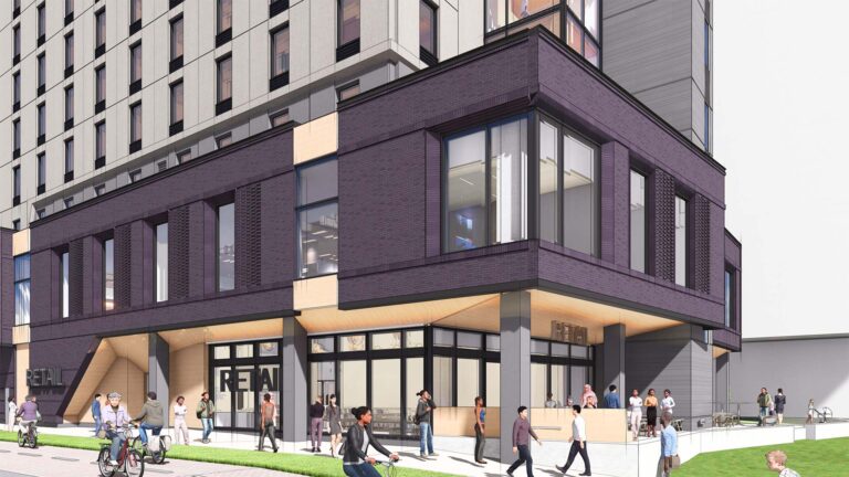 Close-up rendering of the first two floors of the planned MSU Denver student housing complex.