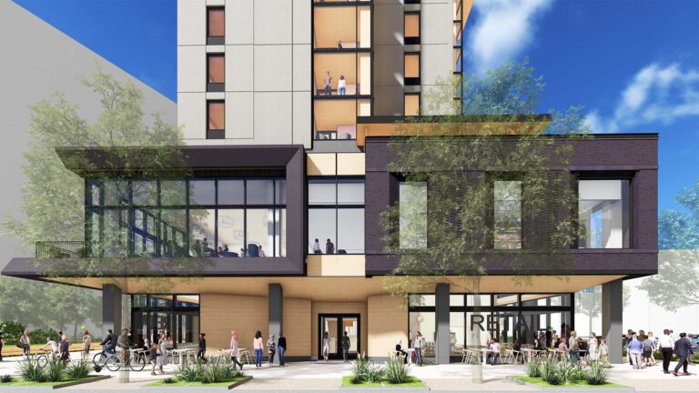 View of the first few floors of proposed student housing building, showing glass