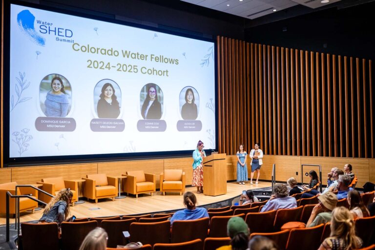 MSU Denver Colorado Water Fellows and Applied Geology and Environmental Science student Connie Cox, speaks during the Watershed Summit on June 20, 2025, at the Denver Botanic Garden