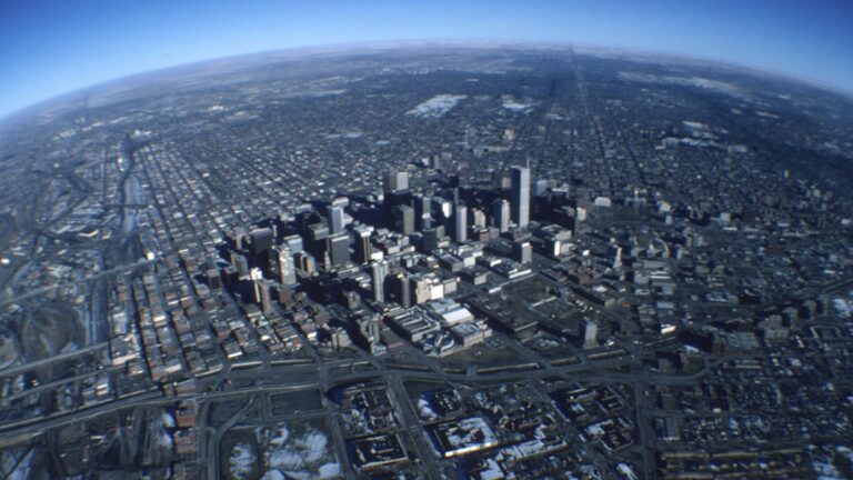 An aerial shot of Denver and the MSU Denver campus in the 90s.