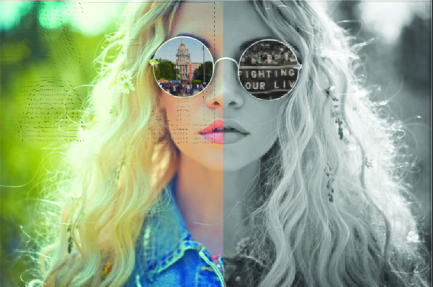 Graphic for MSU Denver's Department of Theatre and Dance "Hair" showing a young woman with mirrored sunglasses