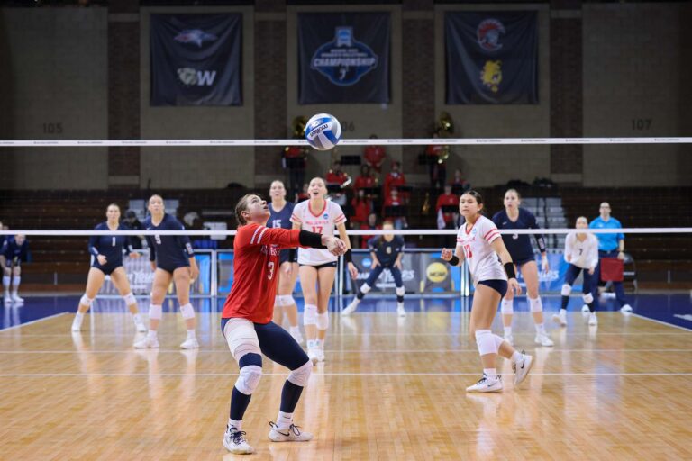 Mia Accomazzo #3, of the MSU Denver Roadrunners, defends against the Concordia-St. Paul Golden Bears during the Division II Women’s Volleyball Championship